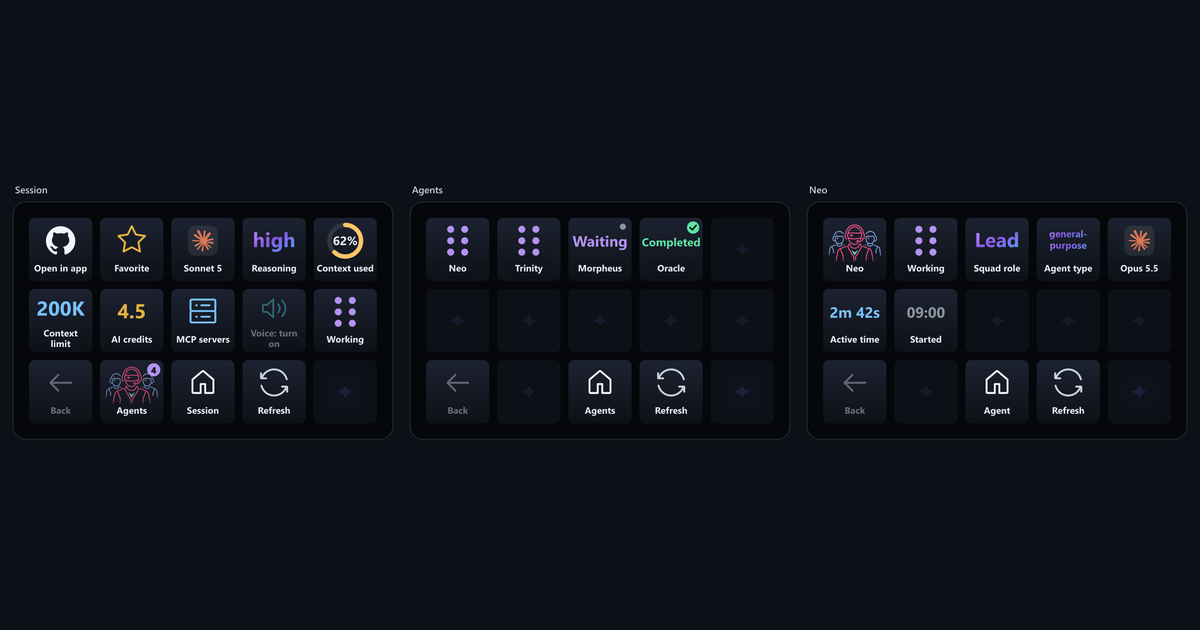 Three rendered views showing a Squad Agents key, demo agents Neo, Trinity, Morpheus and Oracle, and Neo's details with the Lead role.