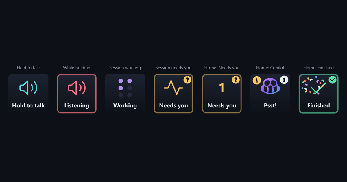 Renderer preview of Hold to talk and Listening keys alongside Working, Needs you and Finished status keys.